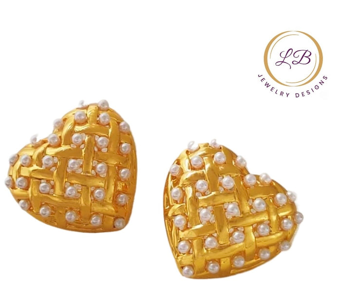 Heart-Shaped Pearl and Gold Stud Earrings