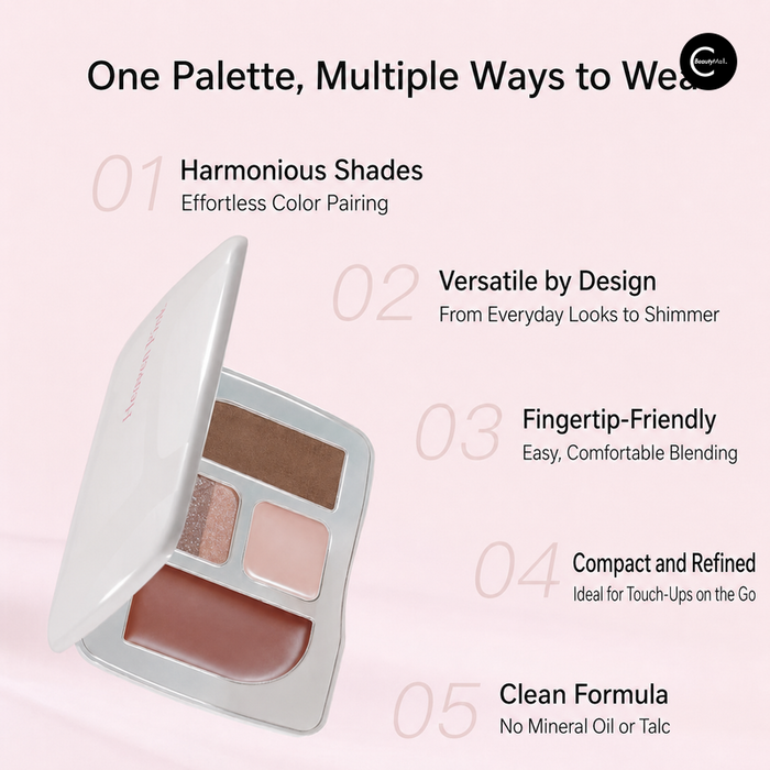 Open multi-use makeup palette with brown, pink shimmer, pale pink, and rosy cream pans on a pink background
