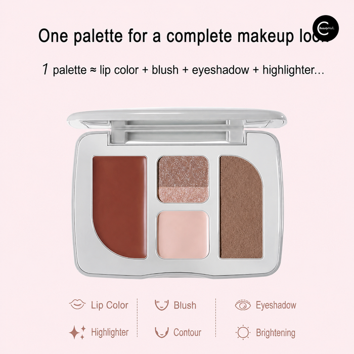 Open multi-pan face makeup palette with lip, blush, eyeshadow, highlighter, contour, and brightening shades