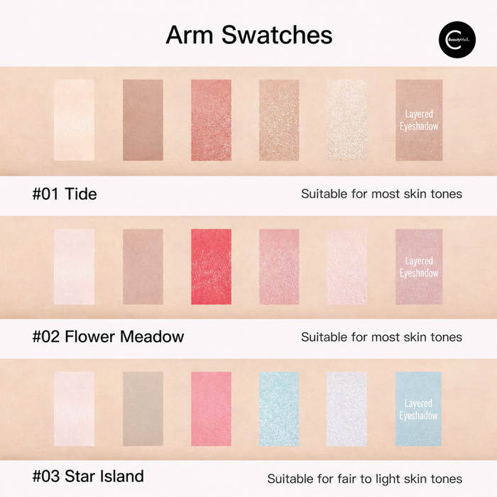 Eyeshadow arm swatches showing shades 01 Tide, 02 Flower Meadow, and 03 Star Island