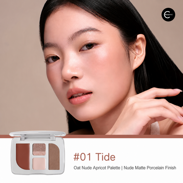 Model wearing #01 nude apricot eye makeup beside a four-pan eyeshadow palette