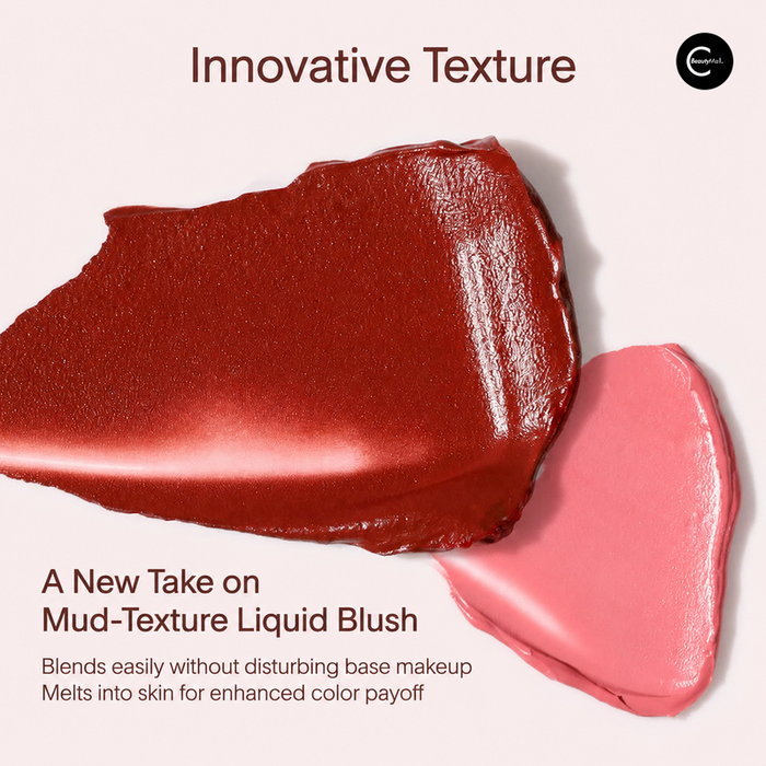 Deep brick-red and pink liquid blush texture swatches with Chinese benefit text
