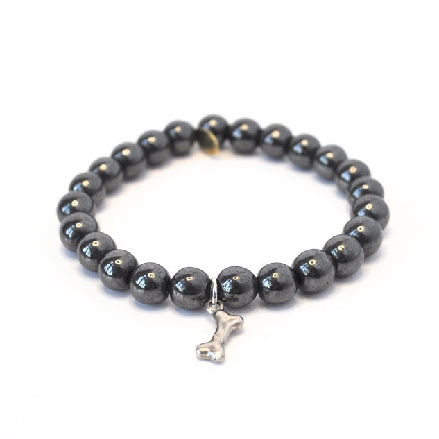 Hematite Bracelet | 8mm Gunmetal + Silver Dog Bone