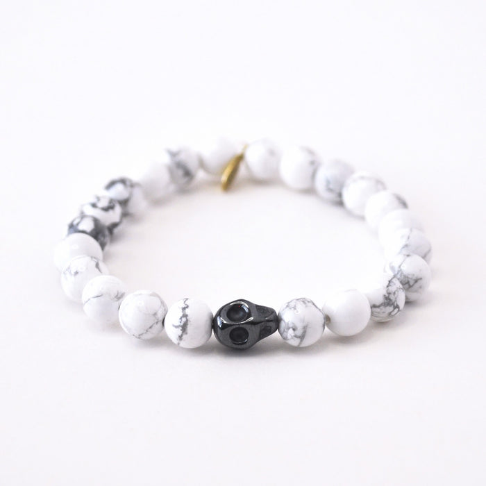 Howlite Crystal Bracelet + Gunmetal Hematite Skull