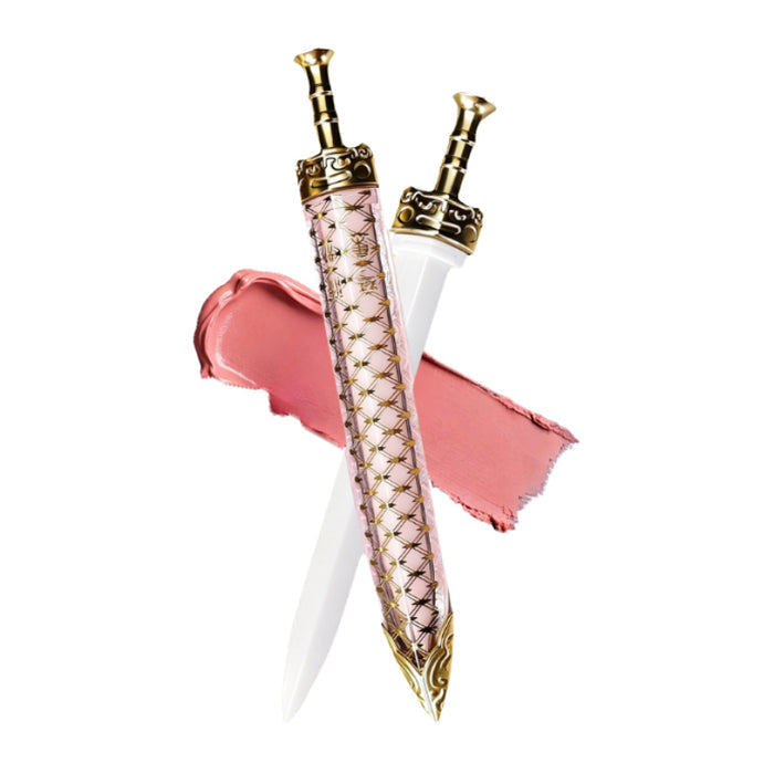 HUAZHUANGJI Liuguang Linglong Series Mist Matte Lip Glaze in ornate sword-shaped packaging with pink swatch
