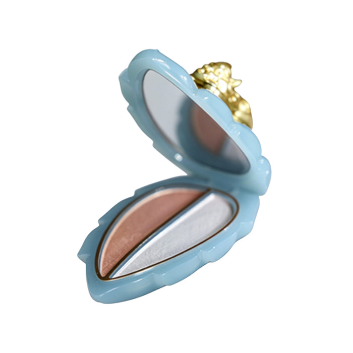 HUAZHUANGJI highlighter and contour palette open, showing two pressed powder pans in a blue compact