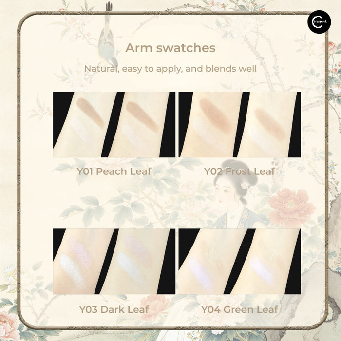 HUAZHUANGJI Liuguang Linglong highlighter and contour palette arm swatches for Y01 Peach Leaf, Y02 Frost Leaf, Y03 Dark