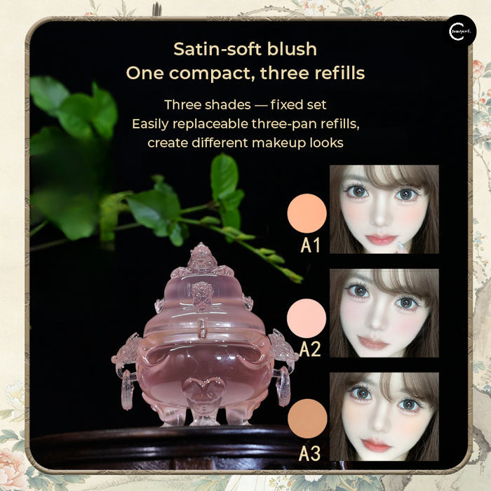 HUAZHUANGJI satin velvet blush compact with three refill pans in a decorative pink case