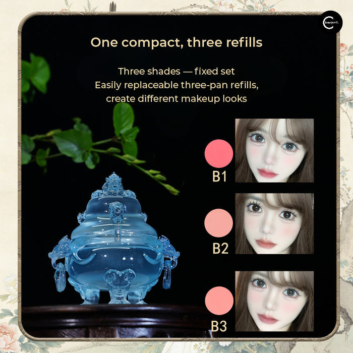 HUAZHUANGJI satin velvet blush compact with three refill pans and three pink-toned shade swatches