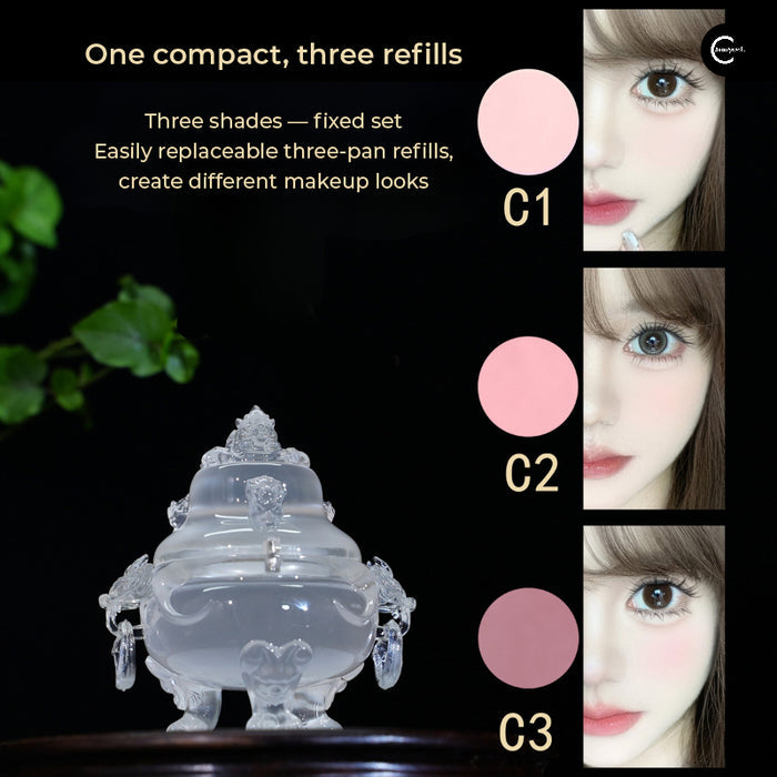 HUAZHUANGJI Liuguang Linglong Satin Velvet Blush compact with three refill shades, C1, C2, and C3