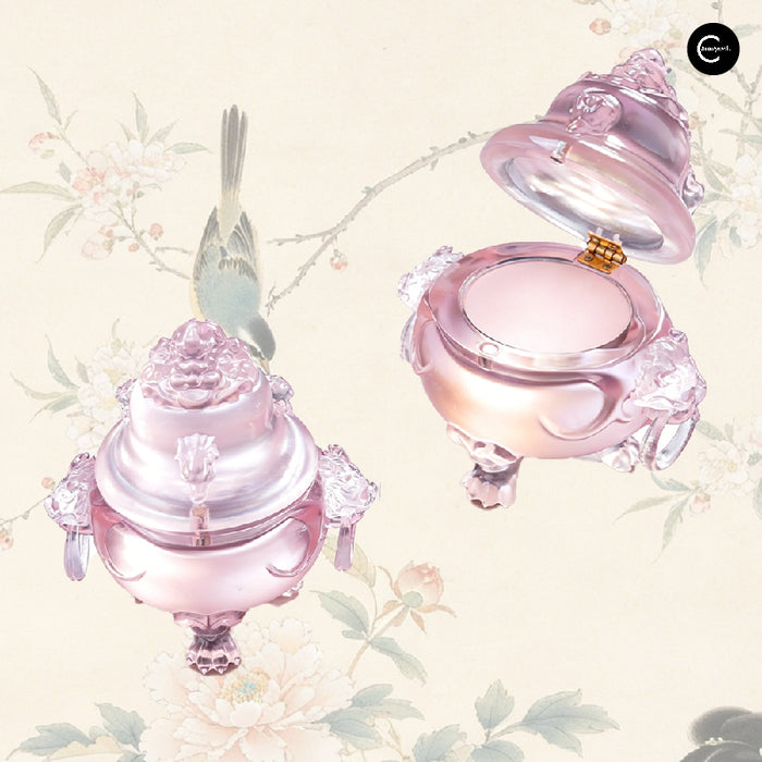 HUAZHUANGJI satin velvet blush in ornate pink compact, shown open with blush pan visible