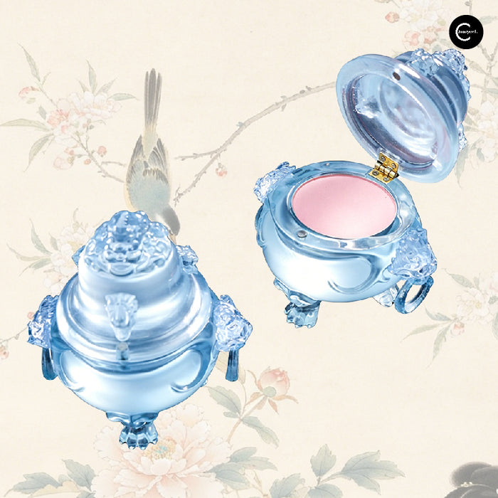HUAZHUANGJI satin velvet blush in ornate blue compact, one open to show pink blush pan