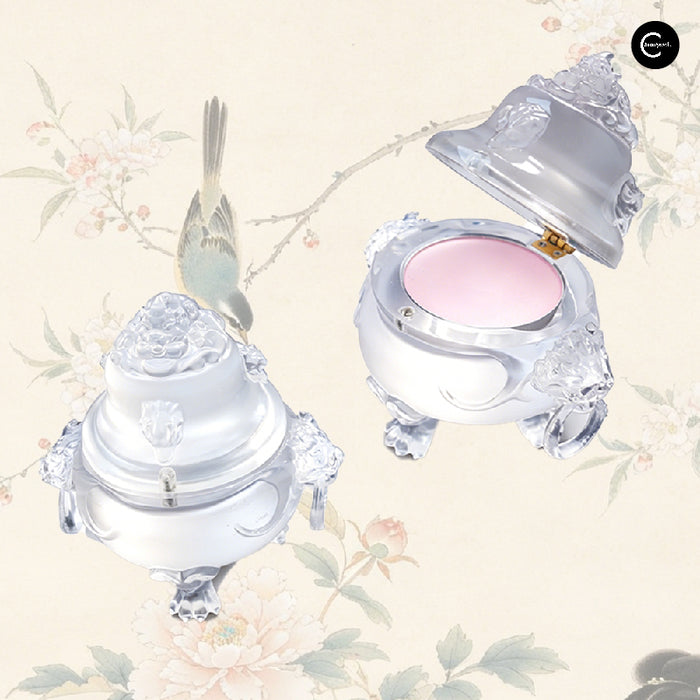 HUAZHUANGJI satin velvet blush compact with pale pink pan, ornate silver packaging, and open lid