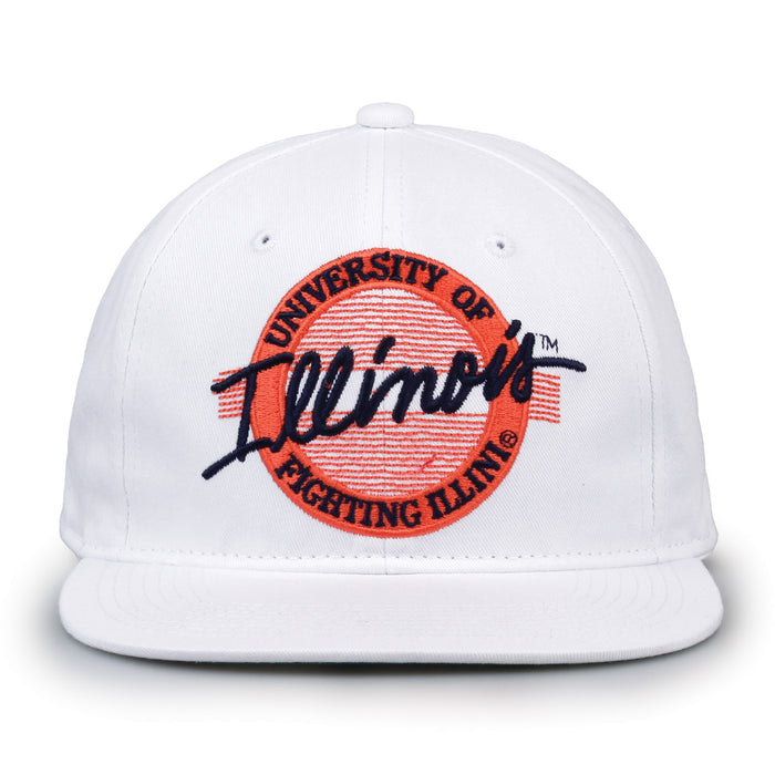 Illinois Retro Circle snapback hat in white, front view