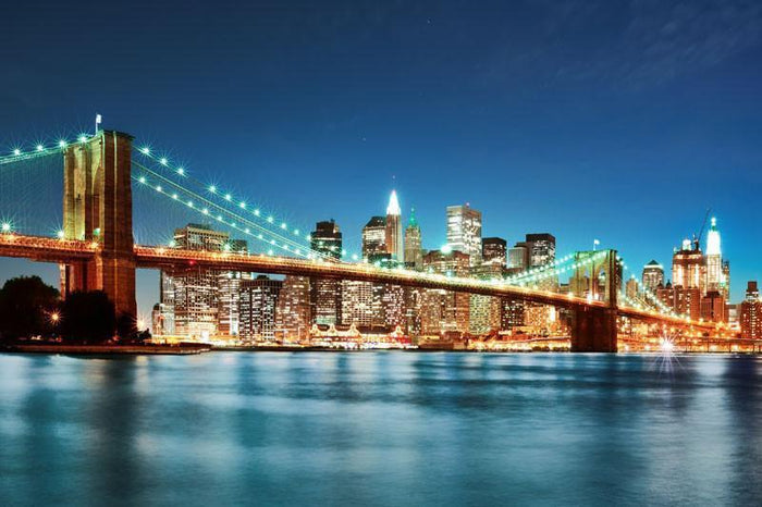 Illuminated Brooklyn Bridge at Night Wall Mural-Wall Mural-Eazywallz