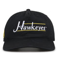 Iowa Hawkeyes Original Heritage Bar Snapback in black, front view of embroidered school script and bar design