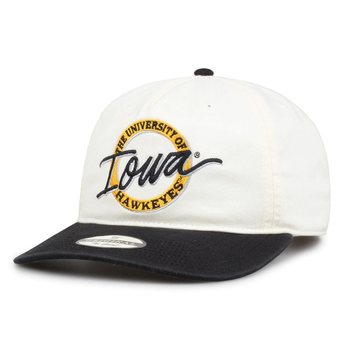 Iowa Original Circle snapback hat showing embroidered front design and brim, angled view