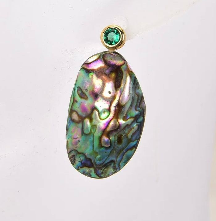 Iridescent Rainbow Abalone Shell Green Pave Stud Statement Earrings 1.5"