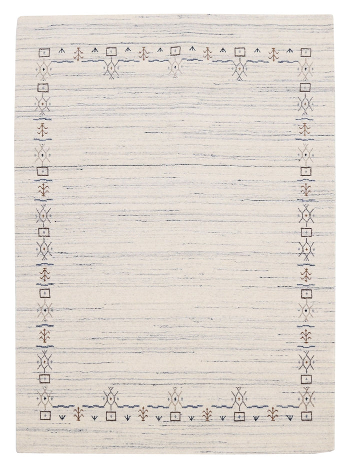 Ivory And Blue Tribal Border Design Hand Loomed Wool Area Rug - The Rug Decor