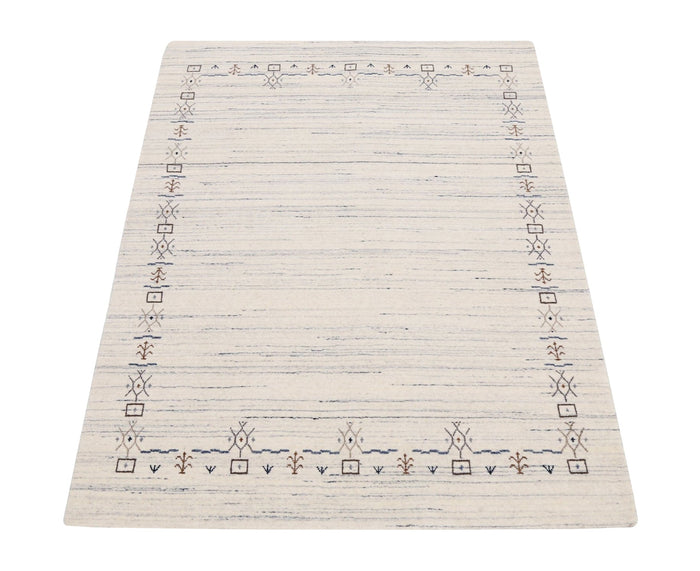 Ivory And Blue Tribal Border Design Hand Loomed Wool Area Rug - The Rug Decor