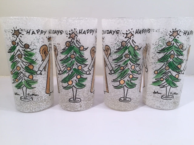 John Sutton - Signed Mid-Century Angel and Christmas Tree Flocked Glasses (Set of 4)
