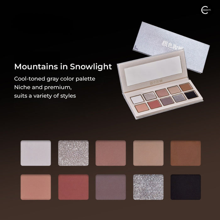 JSZH 10-color eyeshadow palette in Mountains in Snowlight, open with ten visible shades