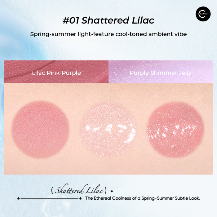 JUDYDOLL #01 Shattered Lilac dual-use blush balm swatches in lilac pink-purple and purple shimmer jelly