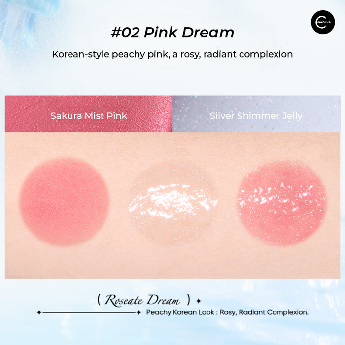 JUDYDOLL Dual-Use Multi-Balm blush in #02 Pink Dream, showing Sakura Mist Pink and Silver Shimmer Jelly swatches