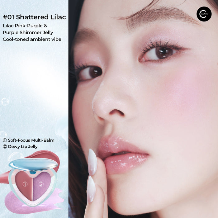 JUDYDOLL Dual-Use Multi-Balm blush in #01 Shattered Lilac, compact shown with pink-purple swatches and cheek look