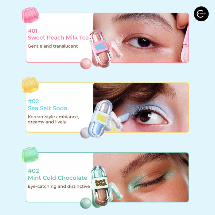 JUDYDOLL liquid eyeshadow in Sweet Peach Milk Tea, Sea Salt Soda, and Mint Cold Chocolate with eye swatches.