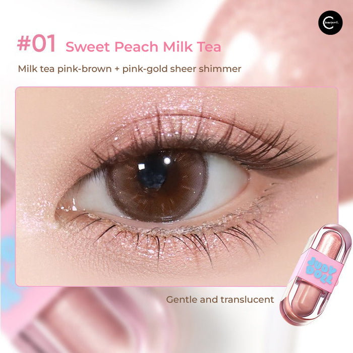 Judydoll Hard Candy Dual-Effect Eyeshadow Liquid in #01 Sweet Peach Milk Tea with eye swatch