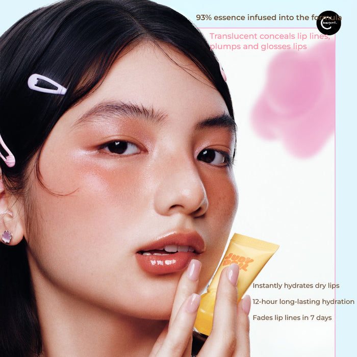 JUDYDOLL Jelly Lip Gloss tube held beside a close-up of glossy lips