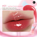Judydoll Jelly Lip Gloss in #01 Lychee Gold Liqueur, shown on lips with pink gloss tube