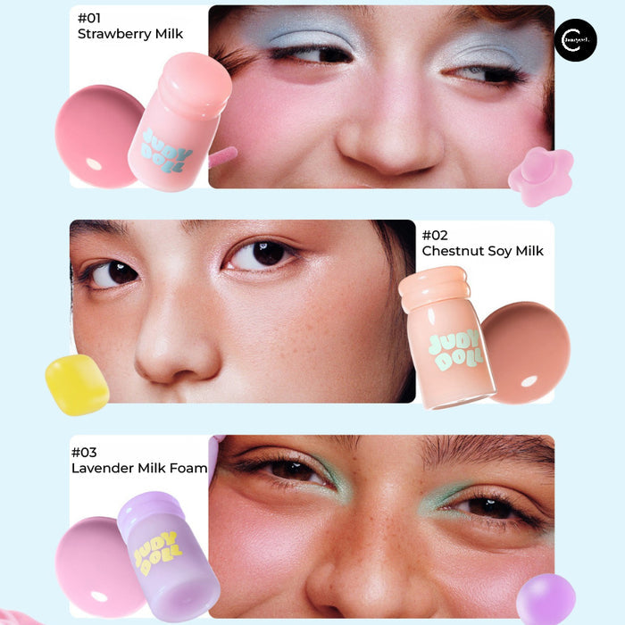 Judydoll Milky Blush Liquid bottles and cheek swatches for shades #01, #02, and #03