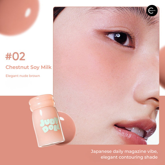Judydoll Milky Blush Liquid in #02 Chestnut Soy Milk, shown with nude brown cheek swatch and model close-up