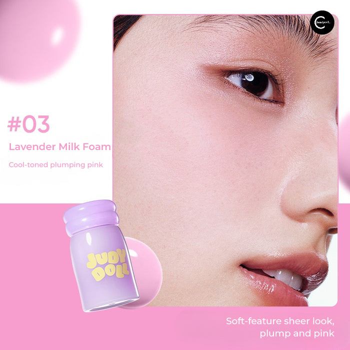 Judydoll Milky Blush Liquid in #03 Lavender Milk Foam, shown with lavender bottle and cheek swatch