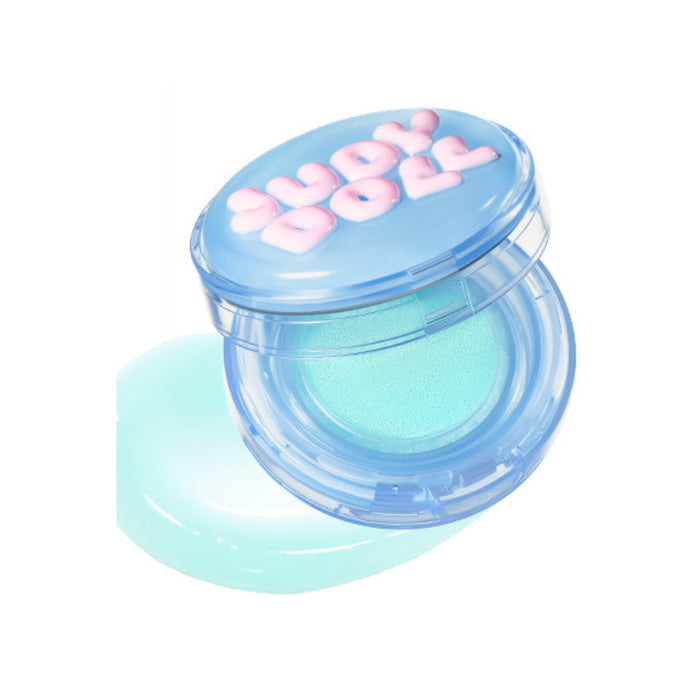 Judydoll Pudding Oil-Control Cushion compact in translucent blue case, angled front view