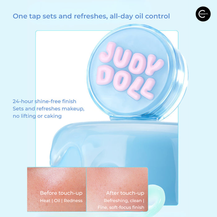 Judydoll Pudding Oil-Control Cushion in a translucent blue compact, shown open with before-and-after skin panels