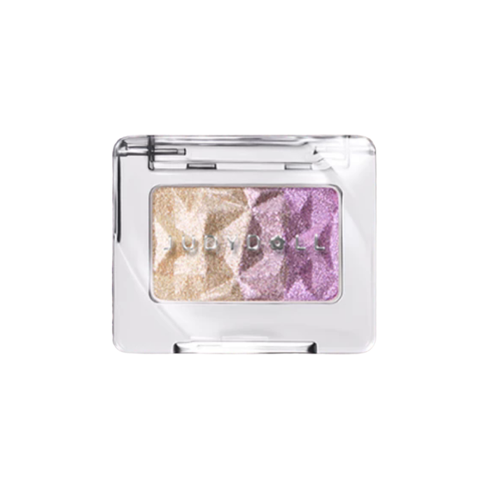 JUDYDOLL single eyeshadow compact with gold and purple marbled powder, front view