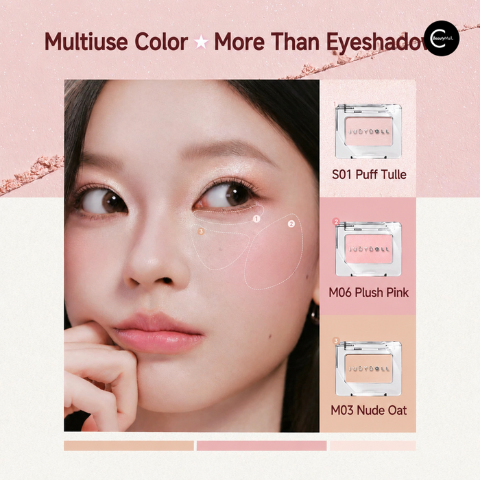 JUDYDOLL color compacts in S01, M06 and M03 with a model showing eye, cheek and under-eye placement