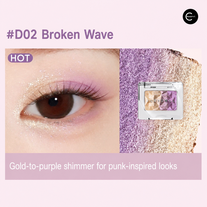 JUDYDOLL D02 purple-and-gold shimmer eyeshadow compact, swatch, and eye makeup result