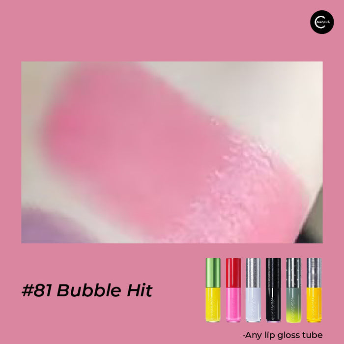 KALEIDOS Lunar Arcade Electro-Gloss Lipstick in #81 Bubble Hit, glossy pink lip close-up with product tubes