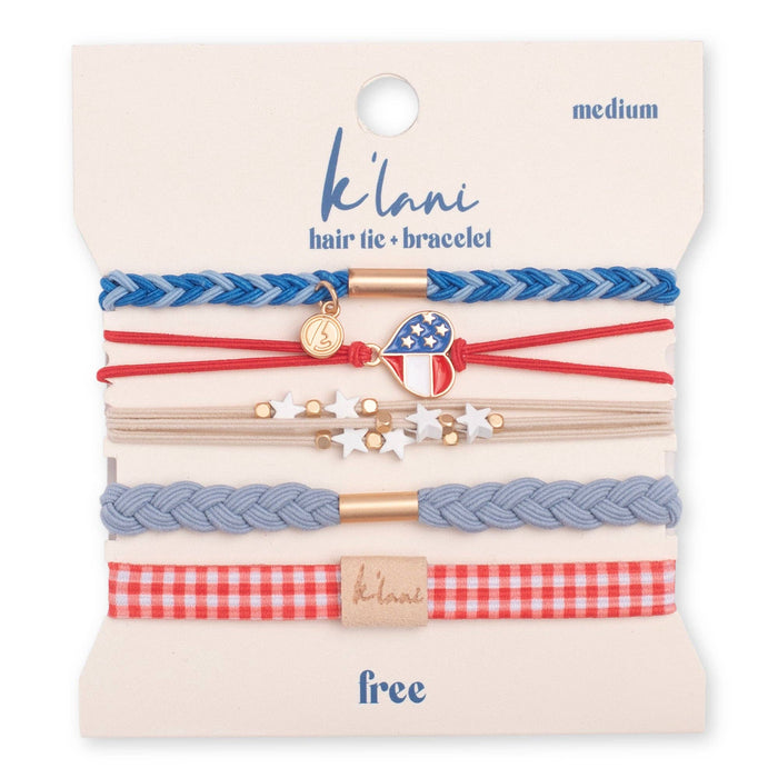 K’lani Free patriotic hair tie bracelet set in red, white and blue with USA heart charm and gingham accent