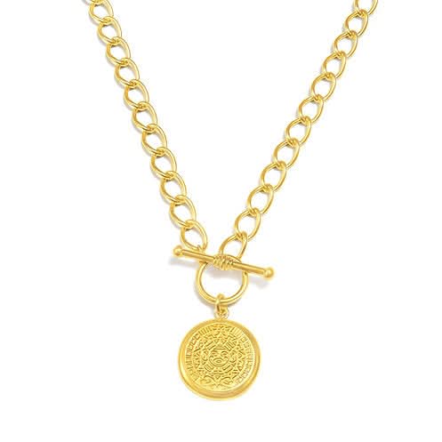 gold toggle necklace on white background