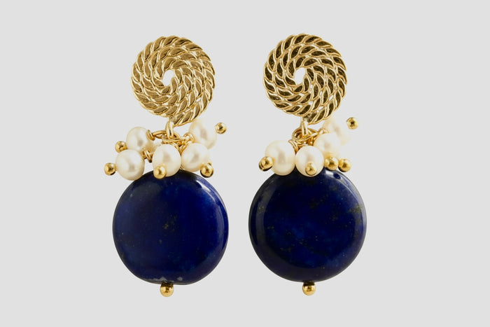 Lapis Lazuli & Freshwater Pearl Drop Earrings - 18k Gold Plate