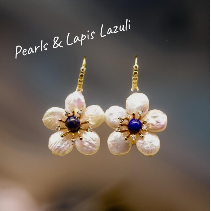 Lapis Lazuli & Pearl Flower Statement Earrings - 14k Gold Filled
