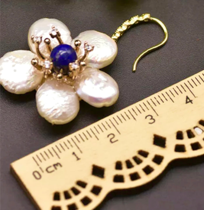 Lapis Lazuli & Pearl Flower Statement Earrings - 14k Gold Filled