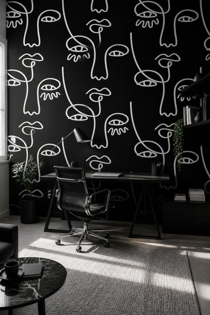 Large Black Abstract Line Faces wall mural in a home office