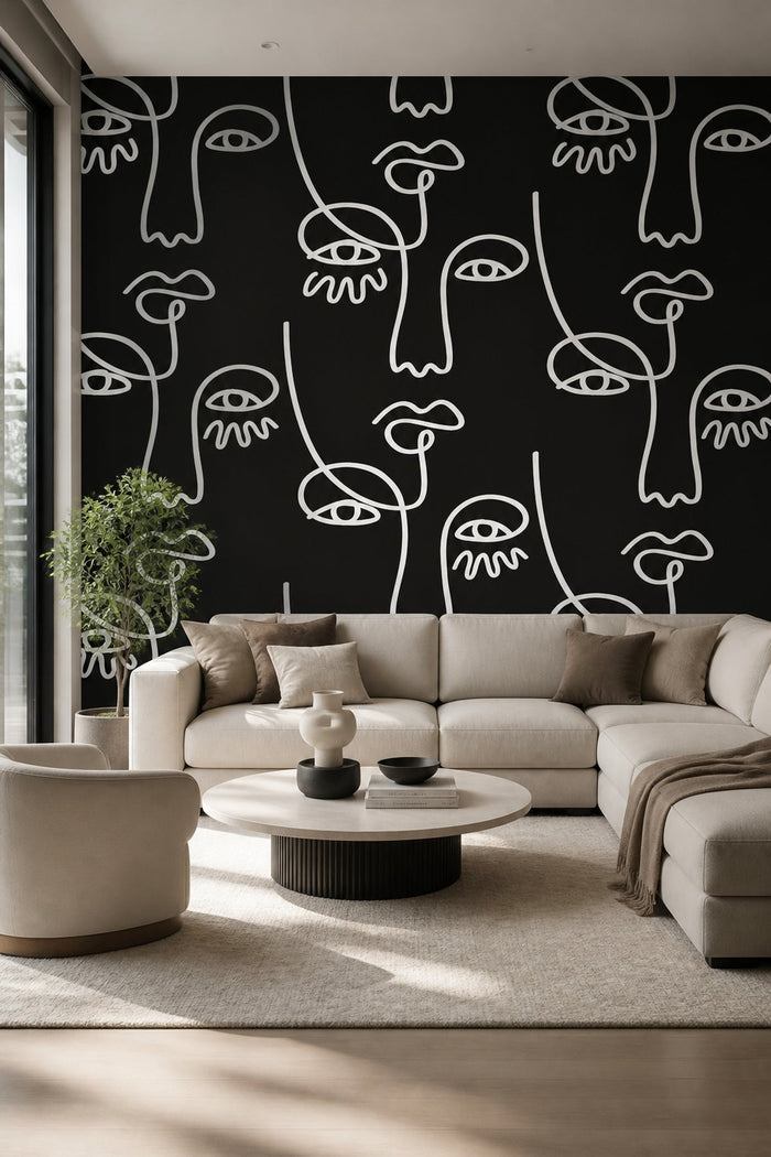 Large Black Abstract Line Faces wall mural in a living room