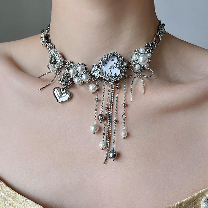 LATAO Original Love Heart Clock Pearl Titanium Steel Necklace style #01